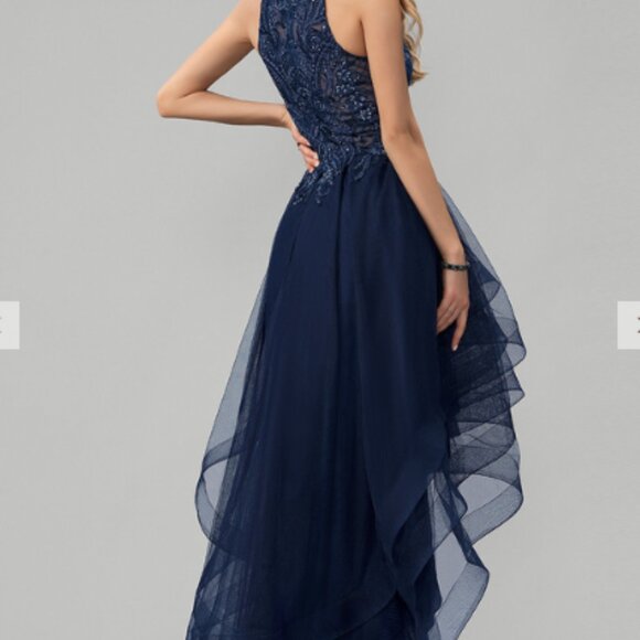 Ball-Gown/Princess Scoop Asymmetrical Tulle Prom Dresses With Beading Sequins - Picture 2 of 3